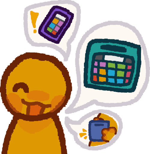 A yellow person with a happy expression on their face and three speech bubbles coming from them. Inside the speech bubble from top to bottom is a phone AAC setup with a yellow exclamation mark beside it, a tablet AAC setup, and someone using an AAC device.